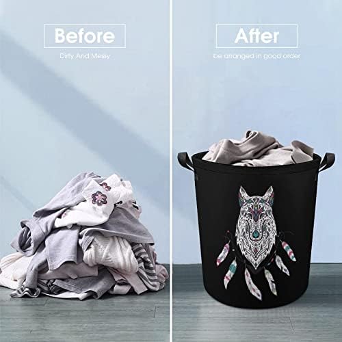 Akvarelni Vuk i Dreamcatcher3 štampane korpe za veš sa ručkama vodootporne sklopive okrugle korpe za odeću Organizator za odlaganje torbi