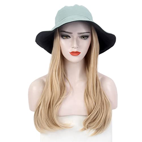 KLKKK modni ženski šešir za kosu zelena nijansa Ribarski šešir perika duga ravna Zlatna perika šešir