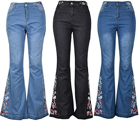 Ženske vezene zvonine dno jeans rastezanje podizanja berbi vintage isprane traperice široke traper pantalone
