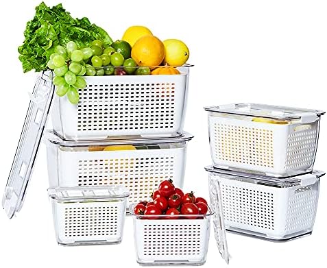 HIEEY 6pack-odvodna korpa 6-dijelni kontejneri za skladištenje voća za frižider sa cjedilom,proizvodi posude za frižider, Salat Keeper,