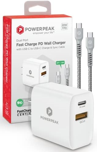 PowerPeak - Dual Port USB C & A Punjač sa pletenim kablom C do C, brz punjač, ​​USB C - USB adapter za napajanje 4, MacBook Pro 2020,