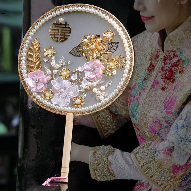 YCFBH kineski čvor ružičasti cvijeće mladenki ventilatori perlalni biser kristalni zlatni list drevni kostim okrugli vjenčani ventilator