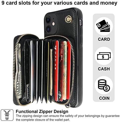 Bocasal Crossbody torbica za novčanik za iPhone 11, RFID blokirajuća kožna torbica sa držačem za kartice, zaštitna torbica preklopna navlaka sa patentnim zatvaračem Vezica za zapešće za žene 6,1 inča
