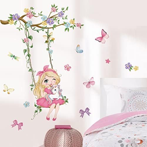 Wondverver cvjetni drveni grana zidne naljepnice cvjetni leptir s ljuljačkim mačkama i stick zidne umjetničke naljepnice za dječje