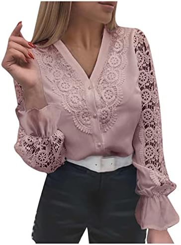 Modni vrhovi za žene Lace izdubite čvrstu bluzu V vrat sa dugmetom Down T Shirt duge košulje sa volanima