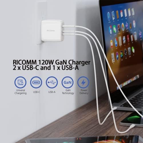 RICOMM 120W USB C Gan punjač, Fast Charger Gan Adapter Kit 2 USB C + 1 USB a zidni Punjač sa sklopivim utikačem za MacBook, iPhone,