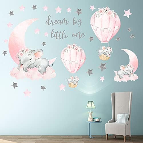 Dream Big Little One Elephant Wall Stickers, Pink Moon Hot Air Balloon Grey Stars zidne naljepnice za jaslice za djecu soba dnevni
