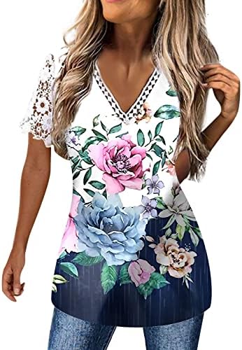 Ženski print Boho ljeto V izrez Tors T košulje izrezane čipke kratkih rukava na plaži Casual Bluze pulover majice