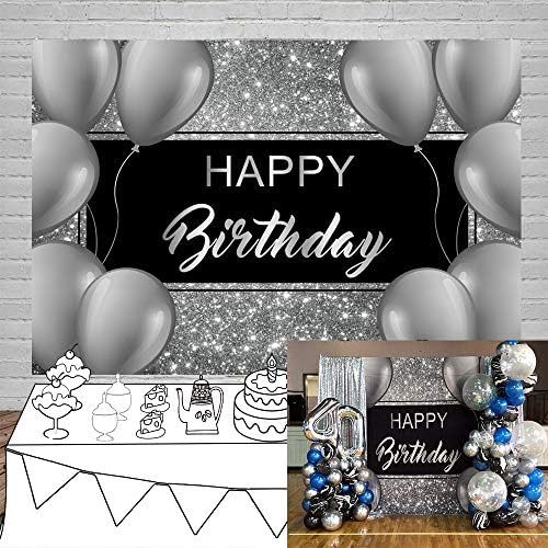 Laeacco Happy Birthday backdrops 10x8ft crna i srebrna Glitter Birthday Backdrops za muškarce sivi baloni birthday Party Decoration