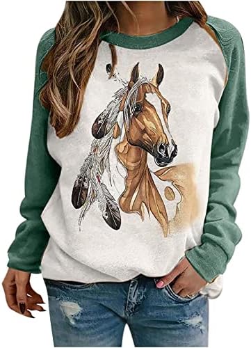 Konjička majica za ulje Žene Modni blok boja Dukseri dugih rukava Crewneck vrhovi raglan slatki pulover džemperi