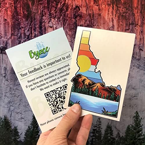 Idaho Vinyl Car naljepnica | Postavljanje sunca sa stjenovitim planinama, borovom šumom i jezerom | 5.5 Premium šarena grafička, odlična