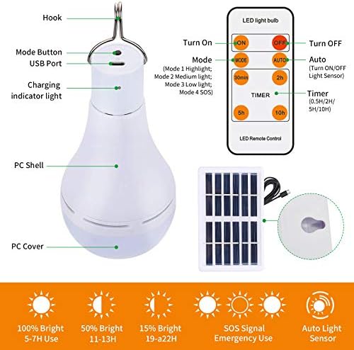 Solarna sijalica na otvorenom BNBIDEN 7W punjiva LED sijalica Solarno svjetlo sa daljinskim tajmerom, senzor za osvjetljenje, 4 način