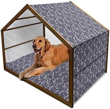 AMBESONNE Perzijska drvena kuća za pse, nadahnuće sa zakrivljenim lišćem i cvijećem cvjetaju prirodu, unutarnji i vanjski prijenosni pas sa psećim sa jastukom i poklopcem, 2x-velika, mornarsko plava krema