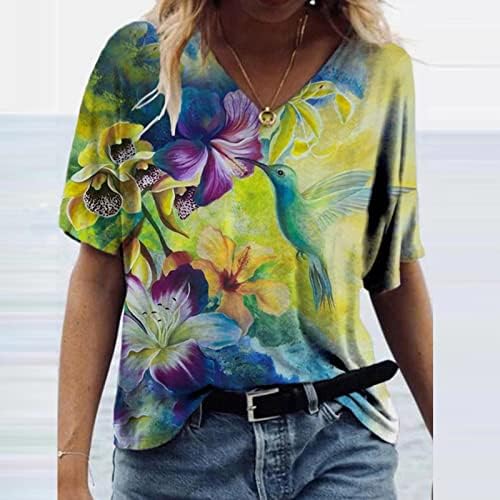 Ženske kratke rukave vrhovi cvijet štampana boja blok T Shirt Casual tunika Crew vrat labave Fit Shirts Plus Size