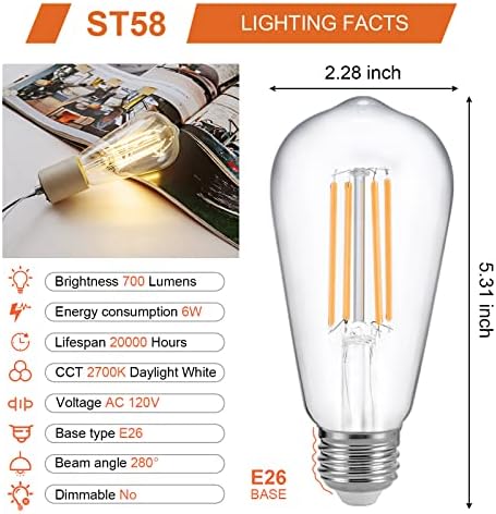 ST58 Edison sijalice, 60 W Vintage filament sijalice LED E26 baza lampe 6W 700lm toplo bijelo 2700k AC prozirno staklo, bez zatamnjivanja