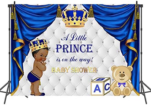 Mehofoto Prince Baby Shower Backdrop Royal Blue Little Prince Baby Shower Background 7x5ft Gold Grown Cute Baby Bear Sliver Backdrop