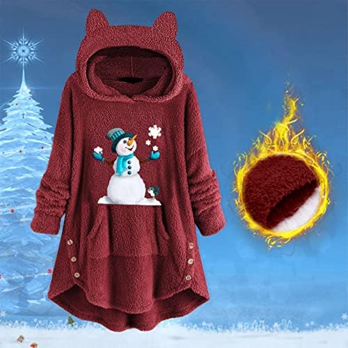 Ženski božićni snjegović grafički kaput s kapuljačom meka labav udobnost tople fleke dukserice povremene plus veličine vrhova