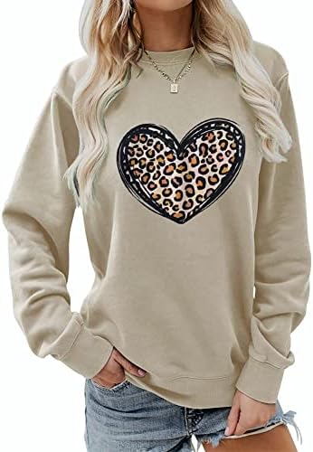 GLIGLITTR Ženska dukserica za Valentinovo Smiješna leopard Srce Love Graphic Pulover Crewneck majica s dugim rukavima