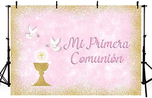 MEHOFOND 7x5ft djevojka krštenje pozadina mi Primera Comunion krštenje Banner zlato Glitter kalež golubovi Holy Pink fotografija pozadina