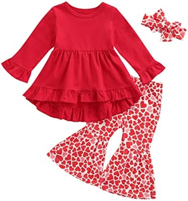 EADRIOSS Kids Toddler Djevojčica za djecu Valentine's Outfits Crveni dugi rukav ruffle košulje za srce Print Bell Donja hlače Traka