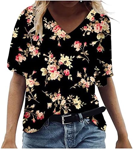 Top Girls kratki rukav 2023 Pamučni V izrez Cvijet grafika Lounge Loour FIT Plus size bluza TEE za žene