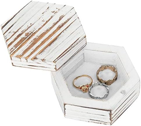 MyGift 3 inča Bijela oprana kutija za vjenčani prsten od punog drveta, kutija za sitnice u obliku šesterokutnog oblika i Držač prstena,