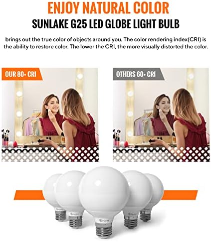 SunLake 10 Pack G25 Vanity Led globe sijalice 5 Watt zatamnjiva, 5000k dnevna svjetlost LED, Eye Friendly 450 lumena, E26 baza, idealna