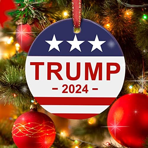 Božićni ukras, neuredan keramički ukras, američki zastava, predsjednik Trump, 2024. napravi Ameriku sjajno, patriotski Xmas poklon sa crvenom vrpcom i poklon kutijom ...