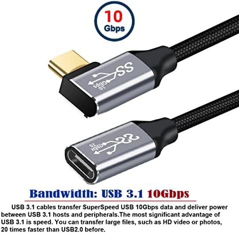 CABLECC lijevo desno uglovan USB-C USB 3.1 Tip C muški za ženski produžni kabelski kabel 10Gbps 100W sa rukavom za laptop 50cm