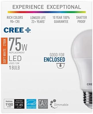 Cree rasvjeta izuzetna serija A19 sijalica, 2700k LED sijalica sa mogućnošću zatamnjivanja, 75W + 1100 lumena, meka bijela, 1 pakovanje