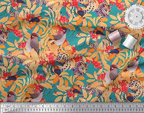 Soimoi Cotton Jersey Fabric Leopard, Band Tailed Manakin & Bohemian Waxwing Bird Print Fabric by the Yard 58 inch Wide