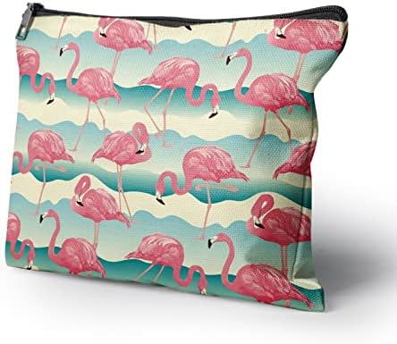 Flamingo kozmetička torba - tropska tema sa prugastom pozadinom, lanenom tkaninom i čvrstim patentnim zatvaračem-pogodna za djevojčice