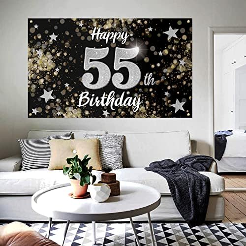 Nelbiirth sretan 55. rođendan crna & amp; Silver Star veliki Banner - živjeli za 55 godina rođendan kući zid Photoprop pozadina, 55.Rođendanska
